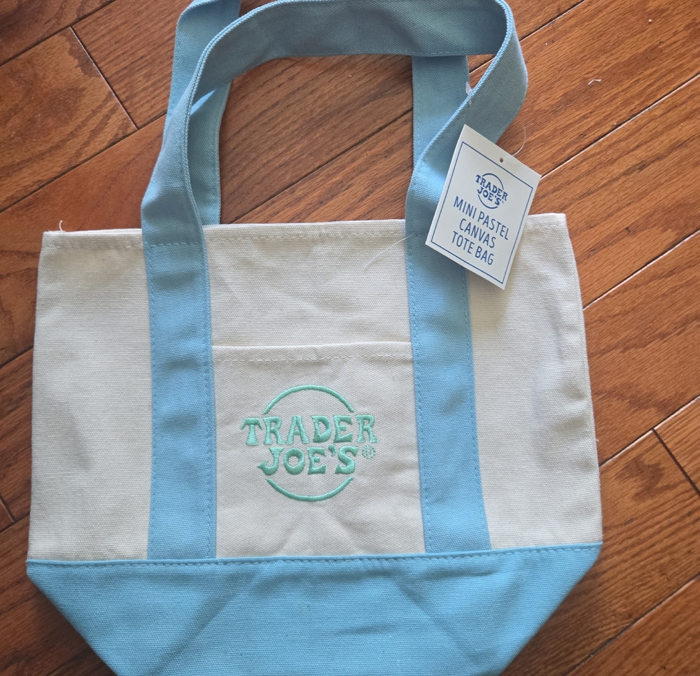Trader Joe's Mini Pastel Canvas Tote Bag in Light Blue and Cream